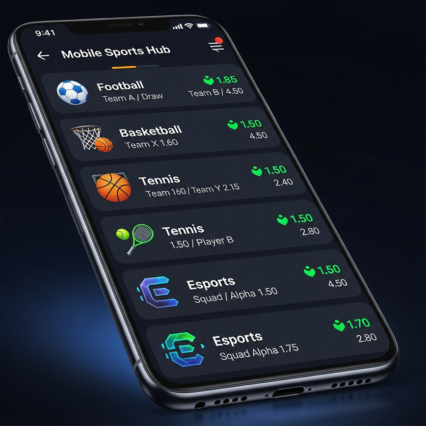 Illustrates the concept of diversification in sports betting, showcasing a wide range of sports markets on a mobile betting application.