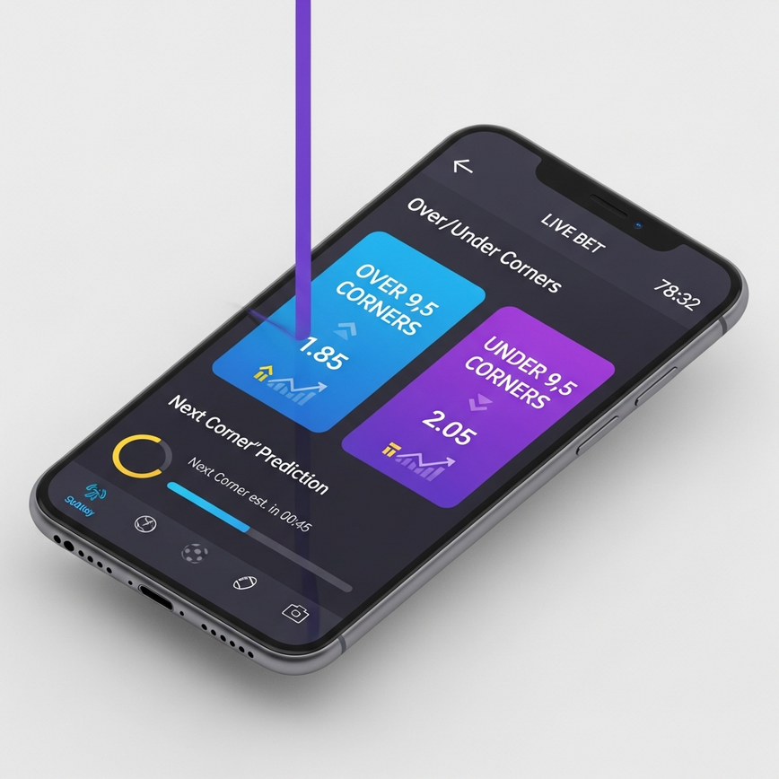 Depicts a live corner betting interface on a mobile device, combined with abstract elements representing bankroll management, for beginners' strategies.