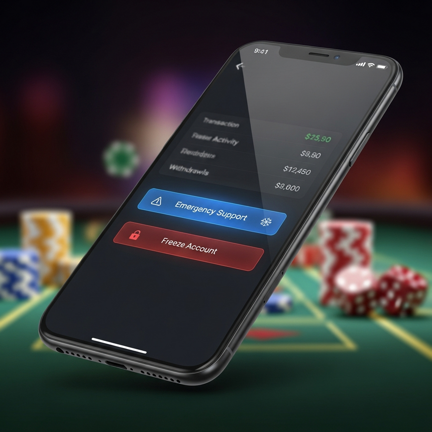 Depicts the mobile app's emergency features, highlighting one-touch access to support and instant account freeze capabilities.