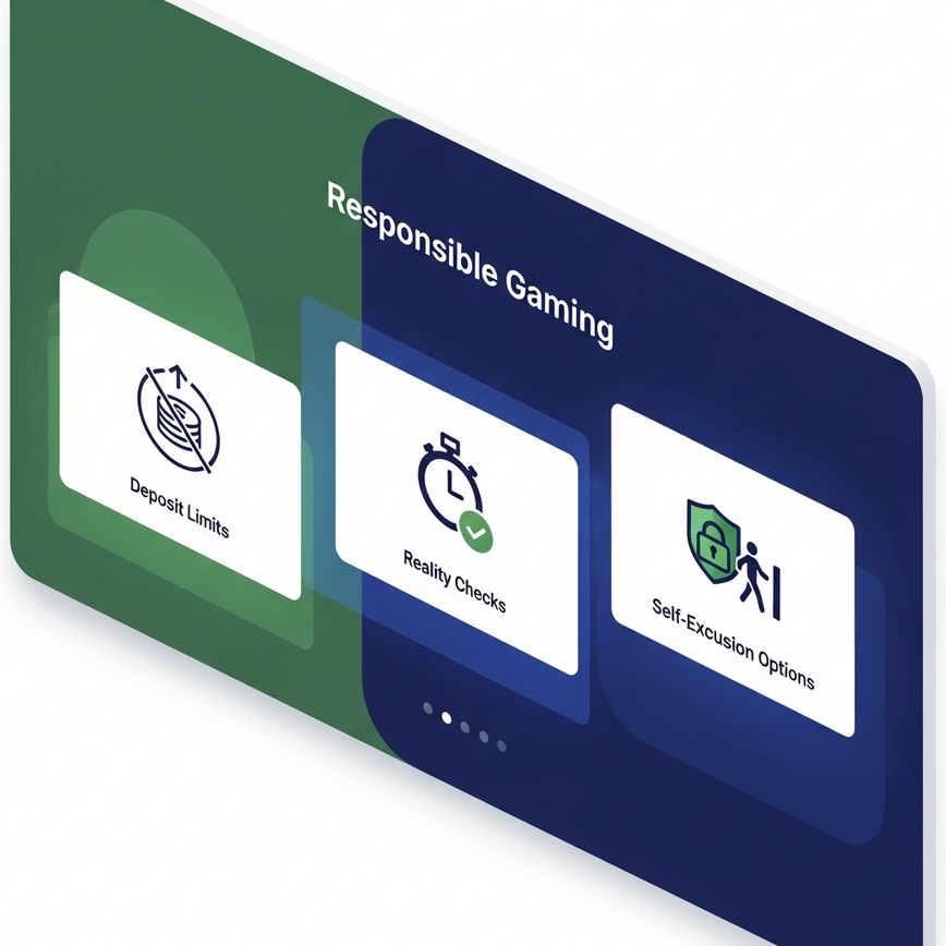 Depicts operator-backed responsible gaming features like deposit limits, reality checks, and self-exclusion tools within a modern online casino platform.