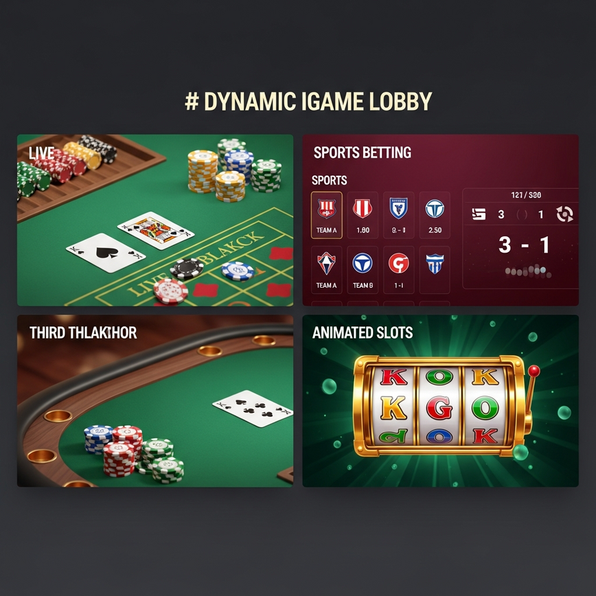 Visualizes the diverse range of game categories available through a single account, as listed in the article: Live Casino, Sports Betting, Slot Games, and 4D Lottery.