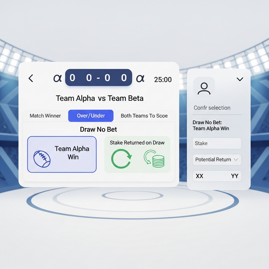 Illustrates how Draw No Bet works with practical examples, showing the simplified outcomes on a betting interface.