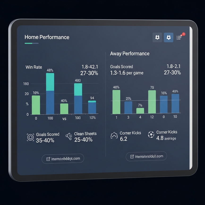 Illustrates the key statistical differences between home and away team performances in football, as discussed in the article's data analysis section.