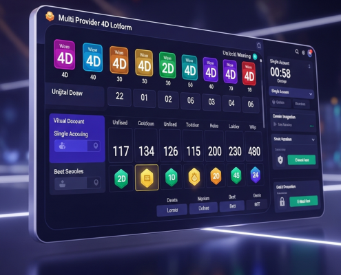 A sleek digital interface of a multi-provider 4D lottery platform, displaying dynamic draw results, countdown timers, and generic lottery provider icons, representing unified access and convenience.