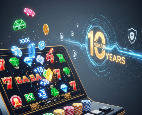A secure and modern online casino platform interface, symbolizing a decade of trustworthiness and advanced security for Malaysian players, featuring dynamic slot reels and digital security icons.