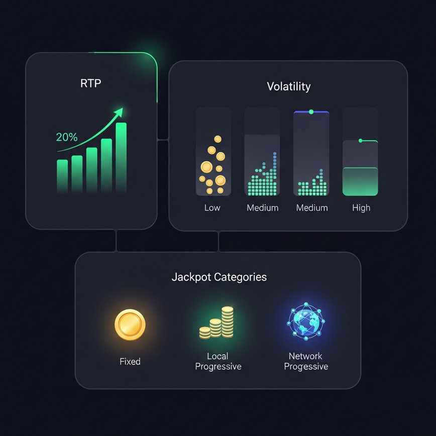 Illustrates the core concepts of RTP (Return to Player), Volatility Levels, and different Jackpot Categories (Fixed, Local Progressive, Network Progressive) in an easily understandable, infographic style.