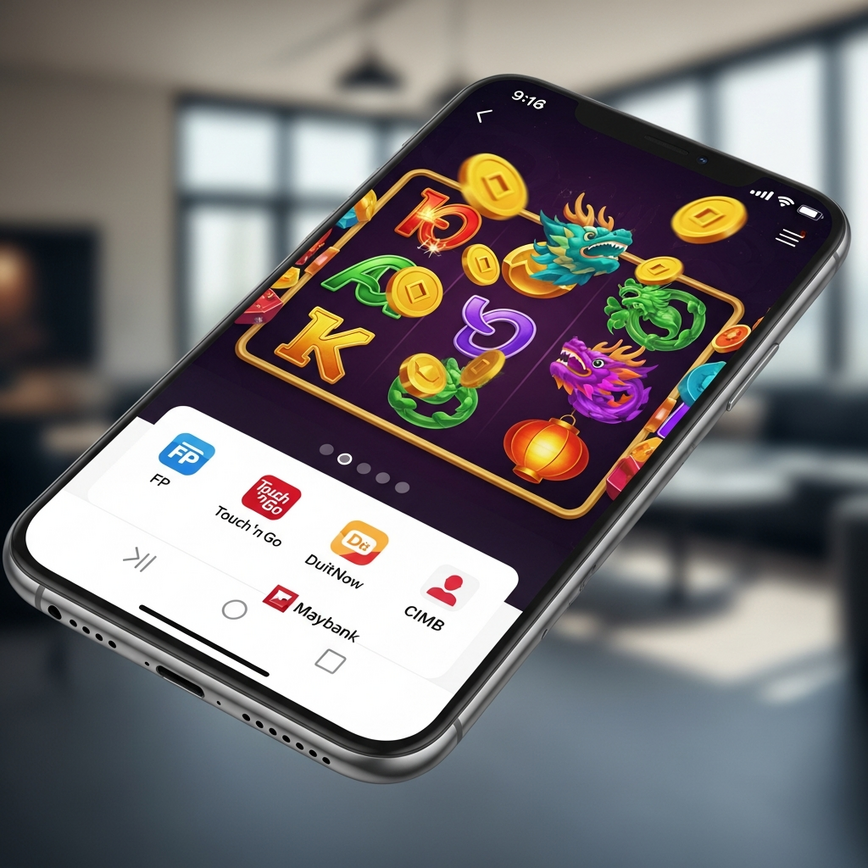 Showcases a seamless mobile slot gaming experience with integrated, secure Malaysian payment methods, emphasizing convenience and accessibility.