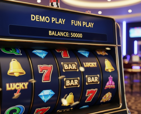 Vibrant online slot machine interface in 'DEMO PLAY' mode, showing virtual credits and spinning reels with generic casino symbols, set against a luxurious online casino lobby background.
