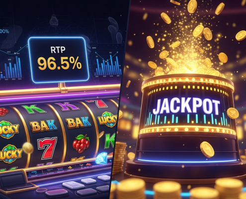Dynamic split-screen image comparing online slot providers, showing a slot interface with RTP percentage on one side and a progressive jackpot meter with bursting coins on the other, against a luxurious casino background.