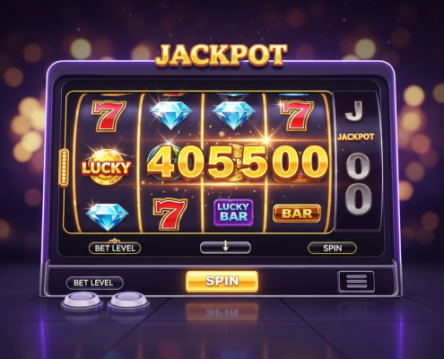 Hyper-realistic rendering of a vibrant progressive jackpot slot machine interface showing spinning reels with winning symbols and a massive, dynamically increasing prize pool display, set against a luxurious online casino backdrop, symbolizing a life-changing win opportunity.