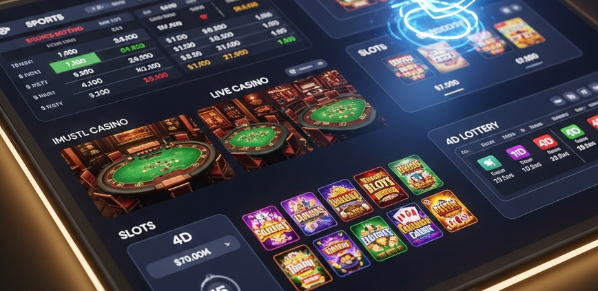 A hyper-realistic digital interface of an all-in-one online gaming platform, showcasing integrated sections for sports betting, live casino, slot games, and 4D lottery, all protected by a glowing security shield icon, emphasizing superior safety and convenience.