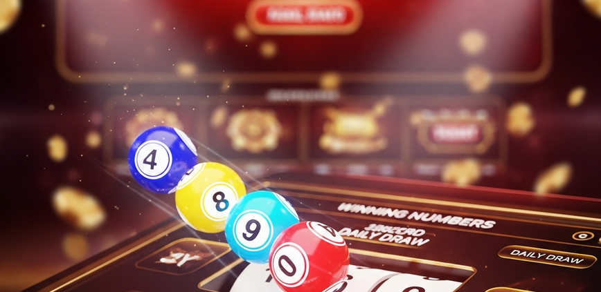 Vibrant 4D lottery draw machine with glowing balls, symbolizing a daily jackpot draw on a premium online casino platform in Malaysia.