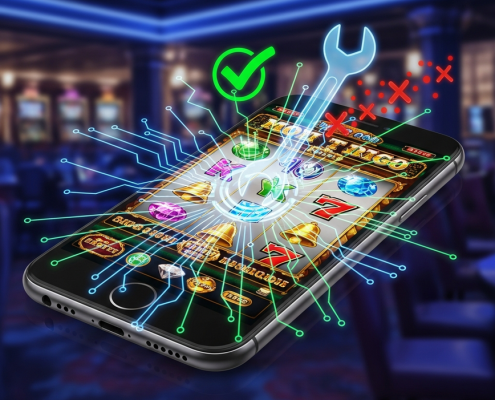 A smartphone displaying a vibrant online slot game with digital troubleshooting icons like a wrench and green checkmark, symbolizing mobile casino issue resolution and optimal performance.