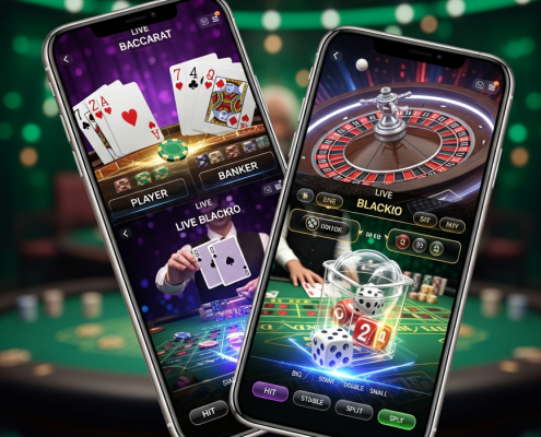 Sleek smartphone displaying a collage of live Baccarat, Roulette, Blackjack, and Sic Bo game interfaces, set against a blurred luxurious casino studio background, representing mobile live dealer gaming.