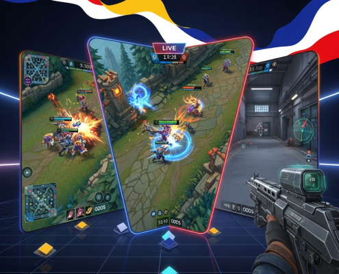 Dynamic split-screen digital art showing MLBB, Dota 2, and CS2 game interfaces integrated into a futuristic online esports betting platform UI, with abstract Malaysian flag colors in the background.