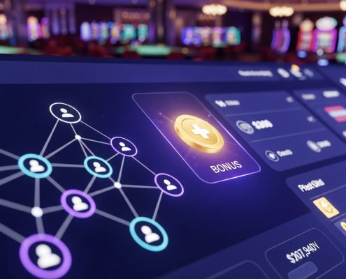 A premium online casino dashboard interface with abstract glowing network icons connecting to a golden bonus symbol, representing referral earnings and rewards in a luxurious digital setting.