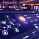 A premium online casino dashboard interface with abstract glowing network icons connecting to a golden bonus symbol, representing referral earnings and rewards in a luxurious digital setting.