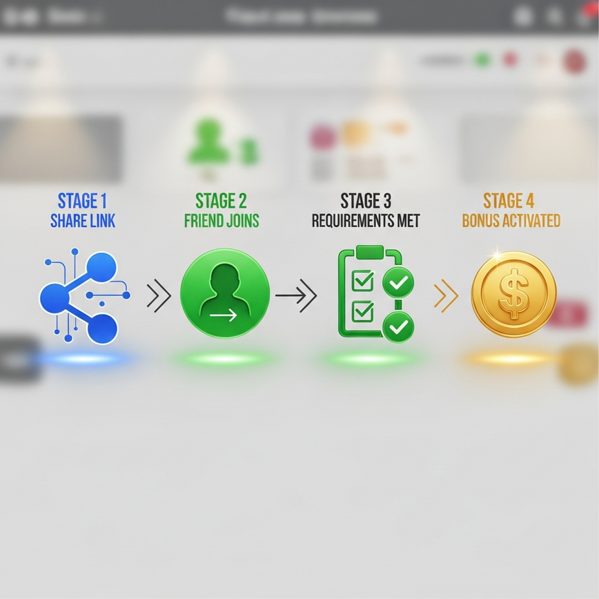 Illustrates the step-by-step process of how casino referral bonuses work, from generating a link to bonus activation.