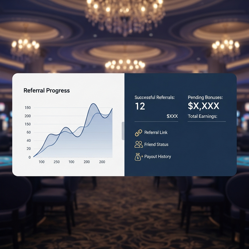 Visualizes the concept of tracking referral success and earnings through a player's dashboard within an online casino.