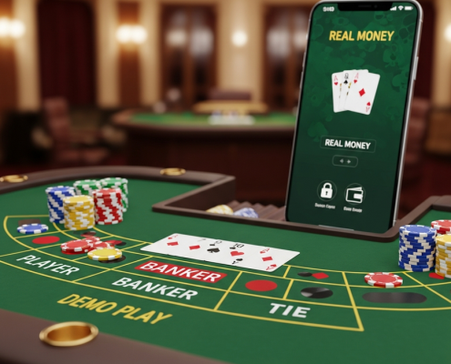Sophisticated online baccarat interface showing a split view of demo play on one side and a secure real-money mobile game on the other, with betting areas, cards, and chips, emphasizing safe learning.
