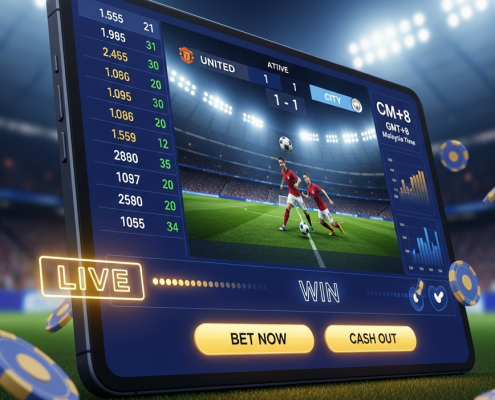 Sleek online sports betting platform interface showing live EPL match odds and 'GMT+8 Malaysia Time' over a blurred football stadium, representing exciting Malaysian EPL betting.