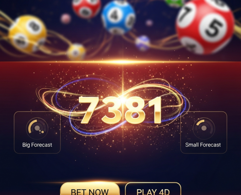 Vibrant digital interface of an online 4D lottery game showing four glowing winning numbers, surrounded by celebratory effects and subtle lottery balls in the background, set against a luxurious red and gold theme.
