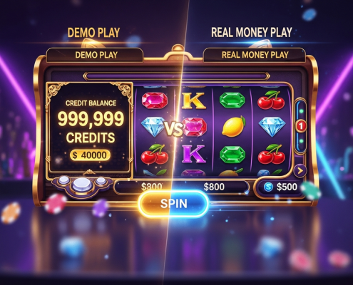 Split view of an online slot game interface, contrasting a 'DEMO PLAY' mode with virtual credits and a 'REAL MONEY PLAY' mode with a Malaysian Ringgit balance, set in a premium online casino environment.
