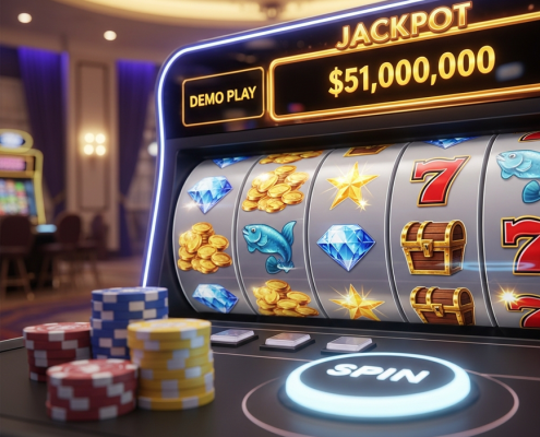 Dynamic online slot machine interface in demo mode, featuring spinning reels with jackpot symbols and a prominent jackpot display, set in a luxurious online casino environment.