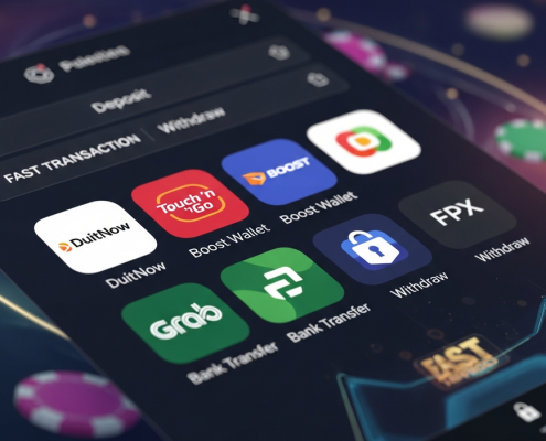 A digital interface showcasing various Malaysian online casino payment methods including DuitNow, eWallets, and bank transfers, emphasizing speed and security with vibrant icons.