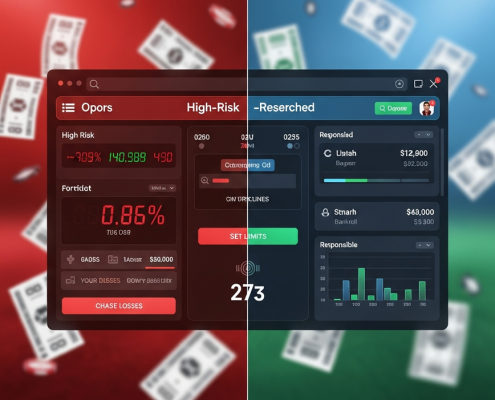 Split-screen sports betting interface illustrating a chaotic, high-risk side versus a calm, strategic, and responsible betting side, emphasizing smart decision-making.