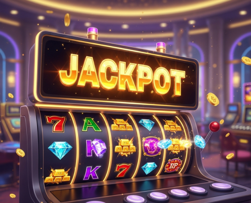 Vibrant online progressive jackpot slot machine interface showing spinning reels with winning symbols and a large digital display featuring a multi-million Ringgit jackpot, set in a luxurious virtual casino environment.