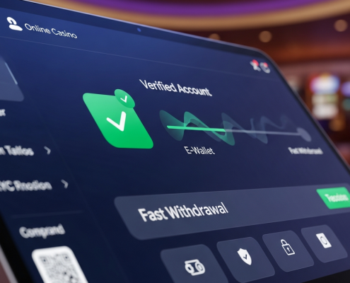 A sleek online casino account dashboard showing a 'Verified Account' status and a fast withdrawal transaction completing, symbolizing quick KYC for faster payouts.