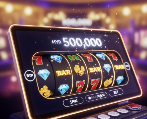 Vibrant progressive jackpot slot machine interface showing spinning reels with winning symbols and a large jackpot display, representing high RTP and premium online casino gaming in Malaysia.