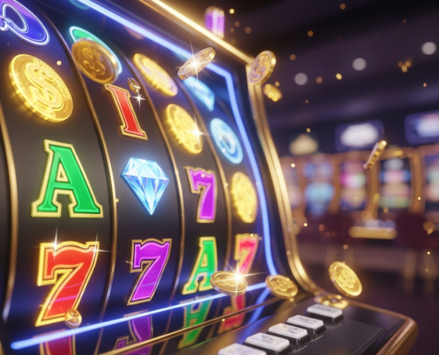 Dynamic online slot machine interface with spinning reels, vibrant jackpot symbols, and a subtle progressive jackpot counter, set against a luxurious online casino backdrop, representing top slot providers for Malaysian players.