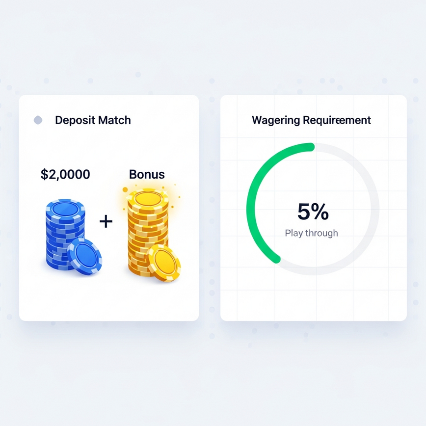 Illustrate the concept of welcome bonus match percentages and wagering requirements with a clear, infographic-style visualization.