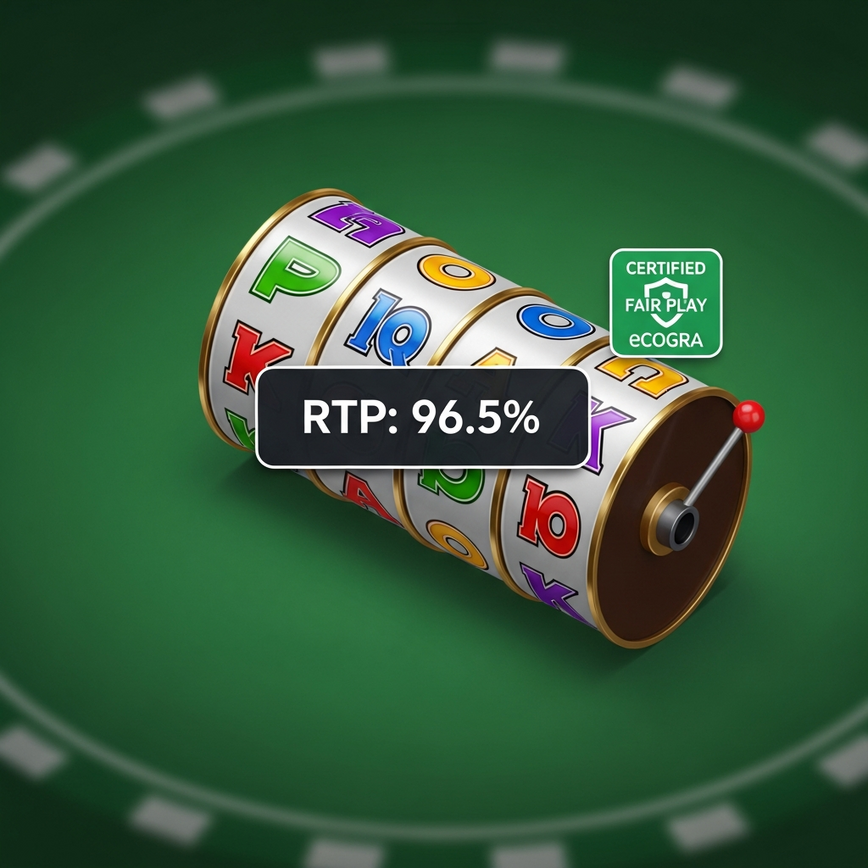 Illustrates the concept of Return to Player (RTP) and independent certification, highlighting transparency and fairness in online slot games.