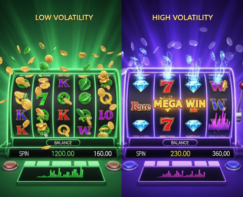 Dynamic split-screen image illustrating slot game volatility, with one side showing frequent small wins and the other a rare, massive jackpot on a luxurious online casino interface.