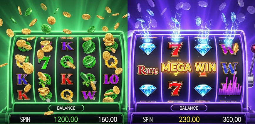 Dynamic split-screen image illustrating slot game volatility, with one side showing frequent small wins and the other a rare, massive jackpot on a luxurious online casino interface.