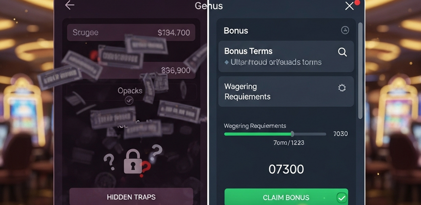 Split-screen online casino interface contrasting confusing, dark bonus terms on the left with clear, transparent terms and a progress bar on the right, symbolizing fair play and trustworthiness.