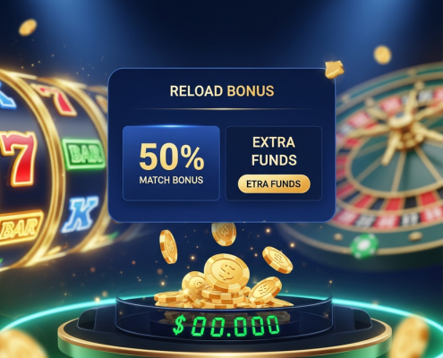 A premium online casino interface displaying a vibrant 'Reload Bonus' offer with virtual golden coins and chips, symbolizing extra funds for players.