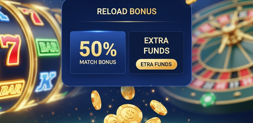 A premium online casino interface displaying a vibrant 'Reload Bonus' offer with virtual golden coins and chips, symbolizing extra funds for players.