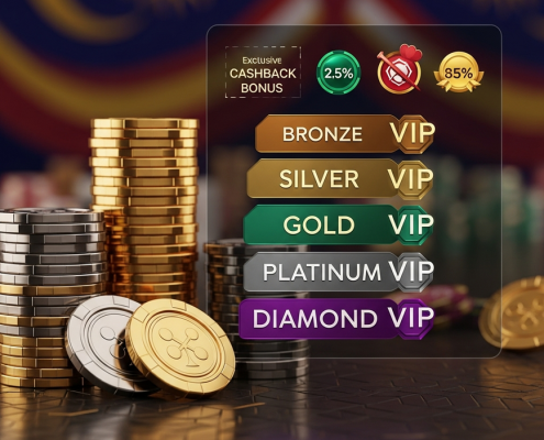 Luxurious online casino VIP loyalty program visual with gleaming gold and platinum chips, stylized tier badges (Bronze, Silver, Gold, Platinum, Diamond), and abstract reward symbols, set against a premium digital interface backdrop.