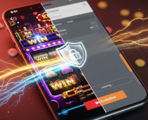 Dynamic split-screen visual on a smartphone, comparing a fast, secure online casino mobile app interface with vibrant slot games on the left, and a slower, loading browser-based gaming experience on the right, highlighting superior performance and security.