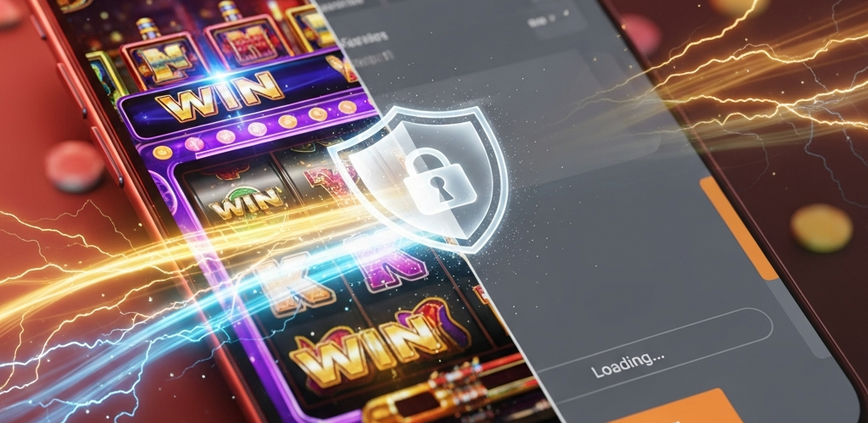 Dynamic split-screen visual on a smartphone, comparing a fast, secure online casino mobile app interface with vibrant slot games on the left, and a slower, loading browser-based gaming experience on the right, highlighting superior performance and security.