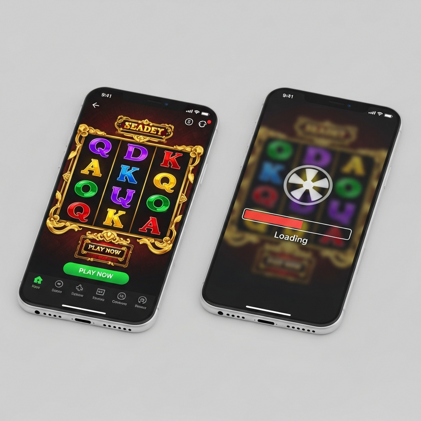 Illustrates the 'Performance Speed Test Results' section, visually representing the contrast in loading speeds between the mobile app and browser play for online casino games.
