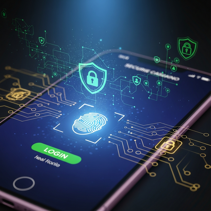 Illustrates the 'Security Features' section, focusing on device-level encryption and biometric authentication for mobile casino apps.