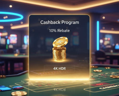 Premium online casino interface displaying a 'Cashback Program' notification with virtual golden chips being credited, symbolizing rebates for Malaysian players and highlighting financial return.