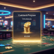 Premium online casino interface displaying a 'Cashback Program' notification with virtual golden chips being credited, symbolizing rebates for Malaysian players and highlighting financial return.