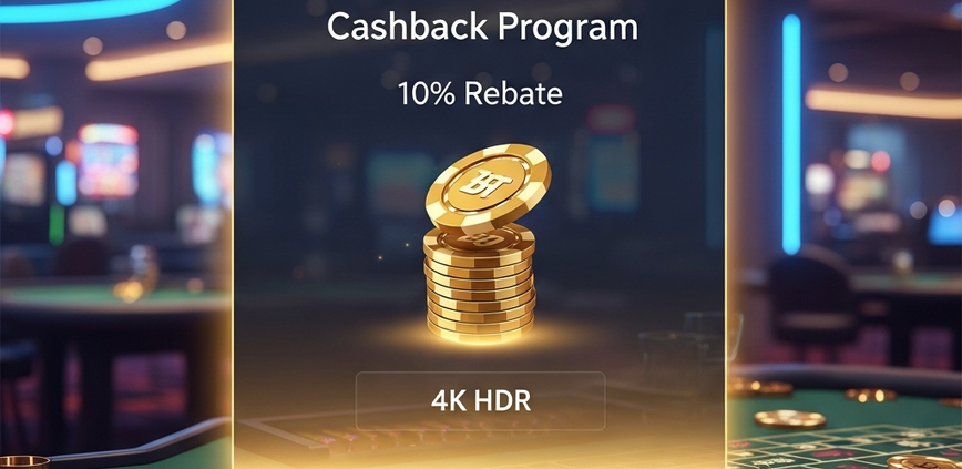 Premium online casino interface displaying a 'Cashback Program' notification with virtual golden chips being credited, symbolizing rebates for Malaysian players and highlighting financial return.
