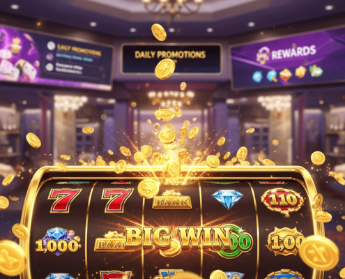 Vibrant online slot machine interface displaying a 'BIG WIN' with cascading coins and multiplier effects, set against a blurred background of a luxurious mobile casino lobby with promotion hints, representing top slots for Malaysian players.